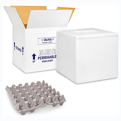 standard paper pulp egg flats, polystyrene     foam container inside a 200 lb test outer shipping carton